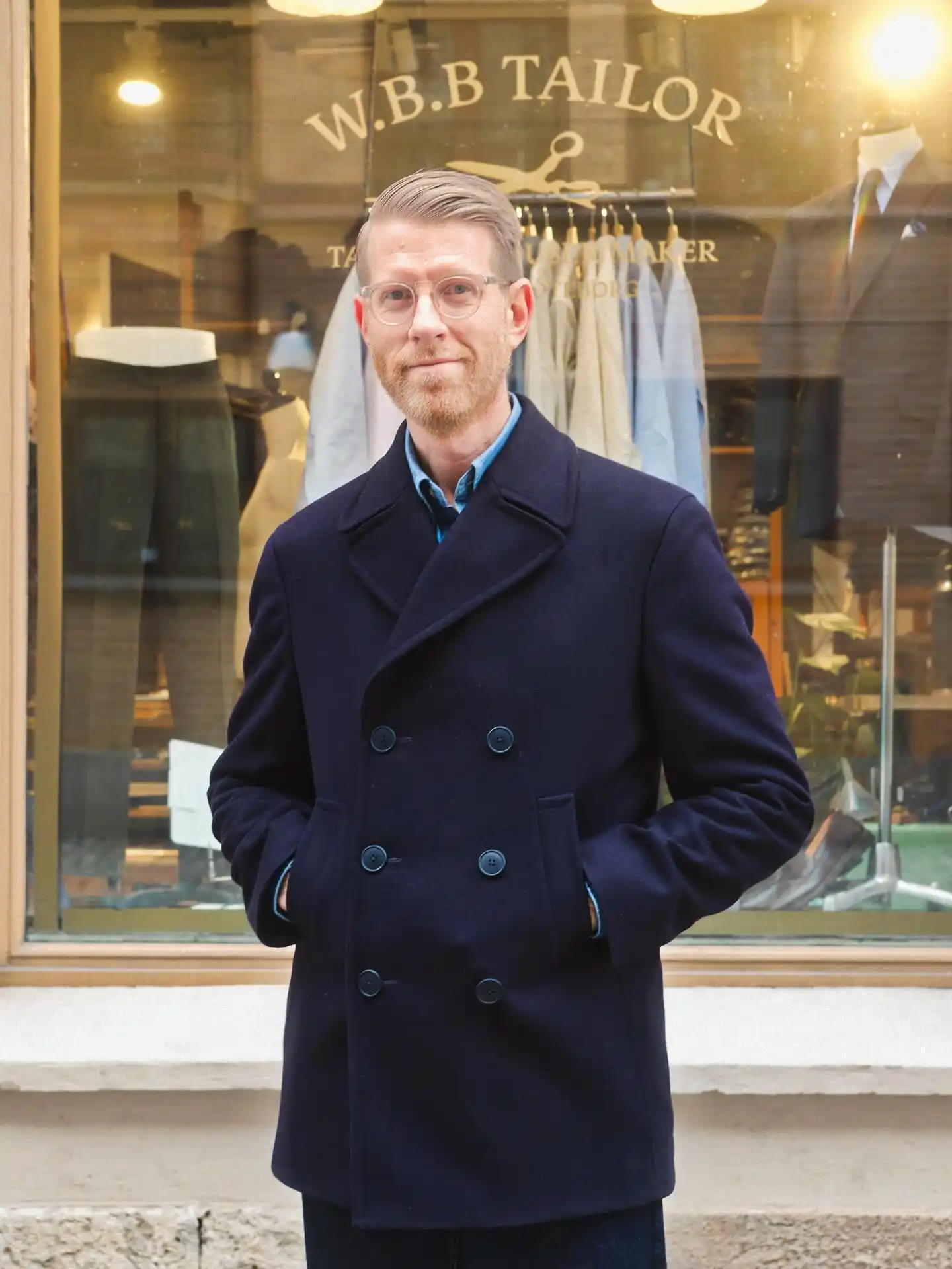 15 Classy Winter Outfit Combos for Men 5 3. Double-Breasted Peacoat and Button-Down Shirt