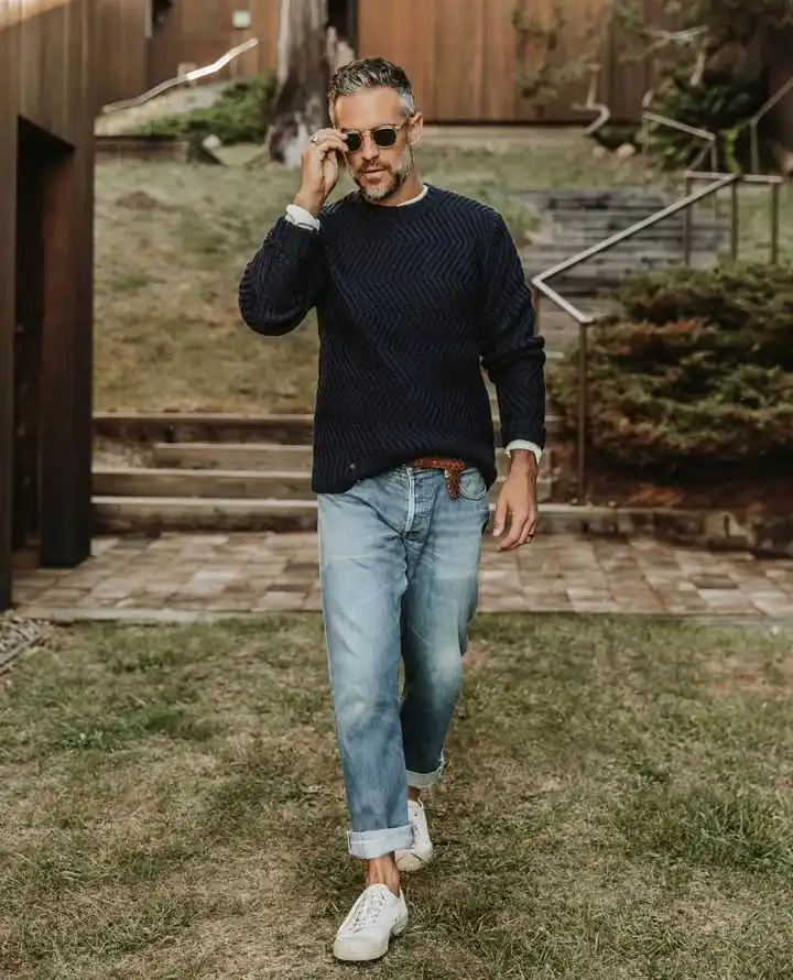 15 Classy Winter Outfit Combos for Men 15 13. Textured Crewneck Sweater and Light Jeans