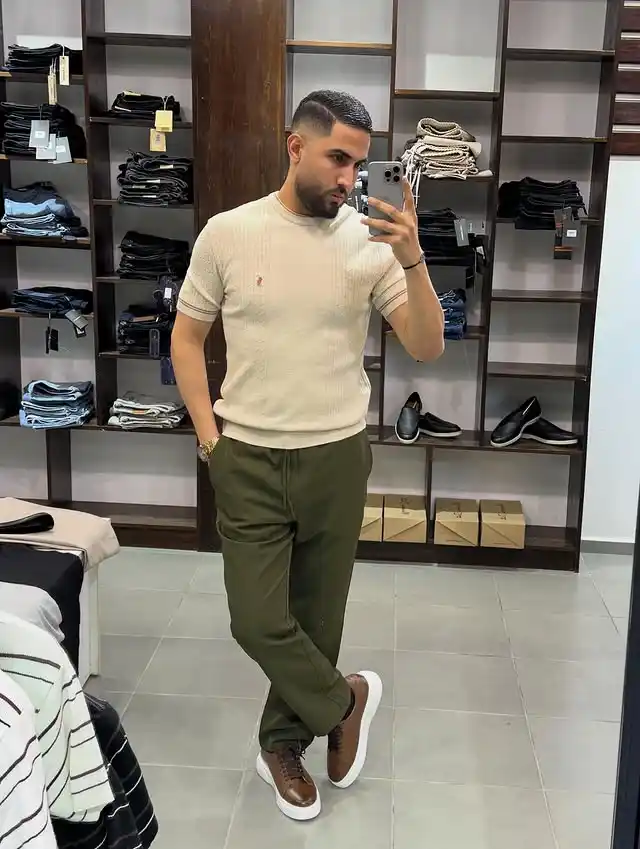 5. The Textured Knit Top and Olive Drawstring Trousers