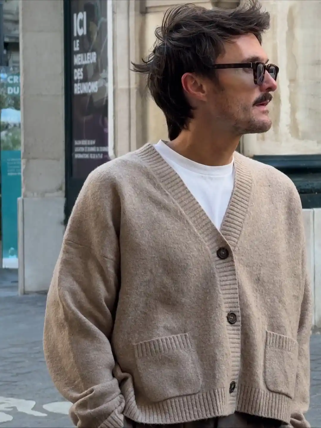 15 Classy Winter Outfit Combos for Men 10 8. Knit Cardigan and White Tee