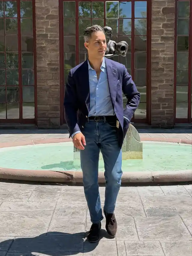 6. The Textured Blazer and Mid Wash Denim