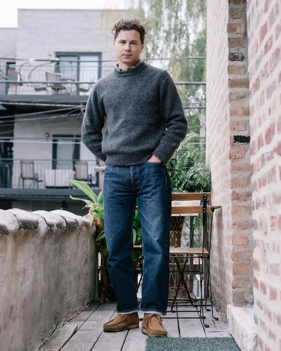 6. Grey Knit Sweater and Dark Wash Jeans