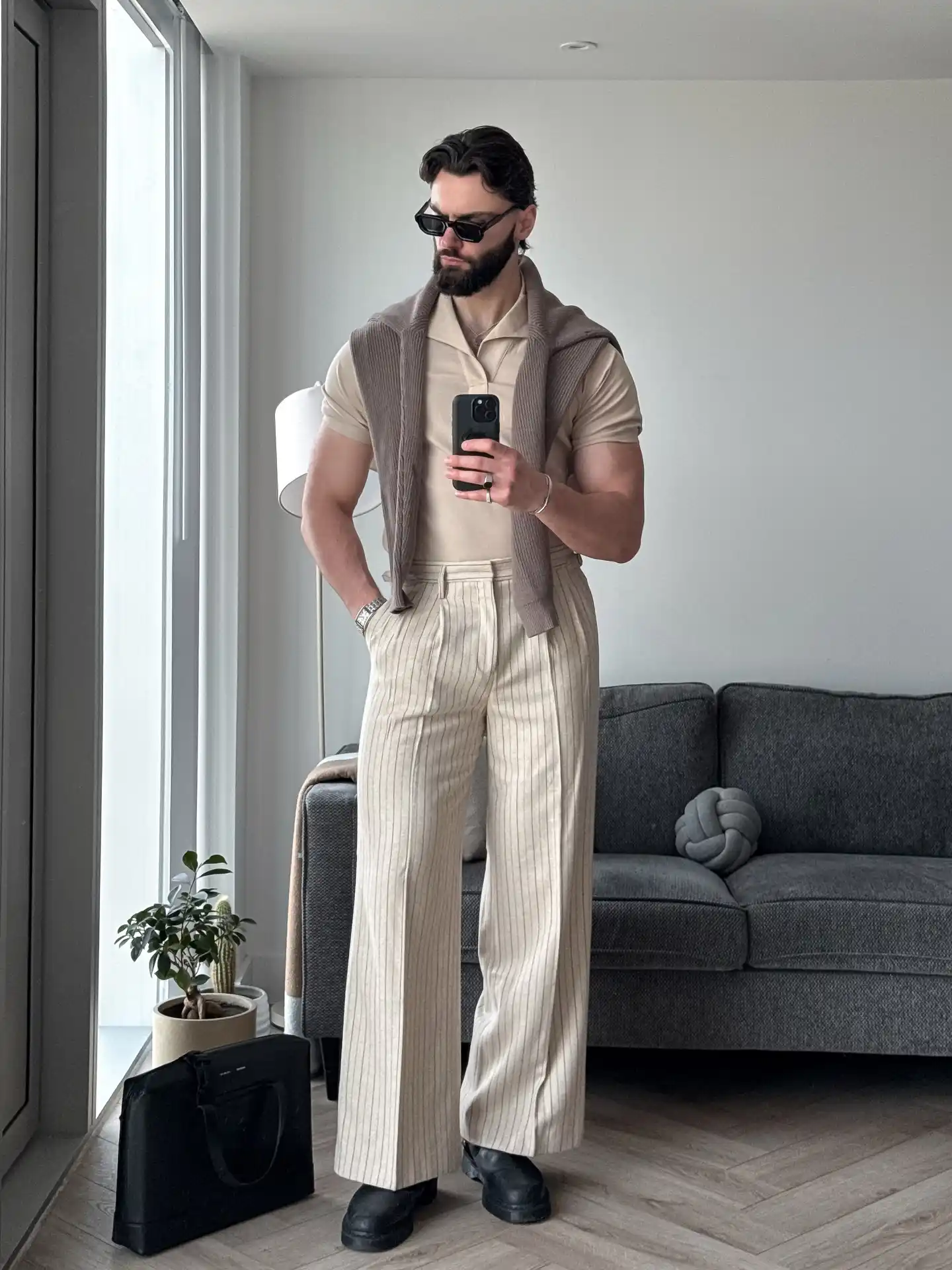5. Textured Neutrals and Pinstripe Trousers