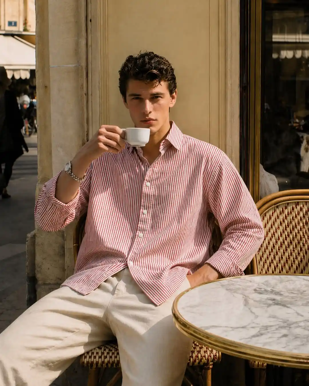 13 Classy Summer Outfit Ideas for Men That Beat the Heat in Style 6 4. Striped Button Down and Off White Trousers