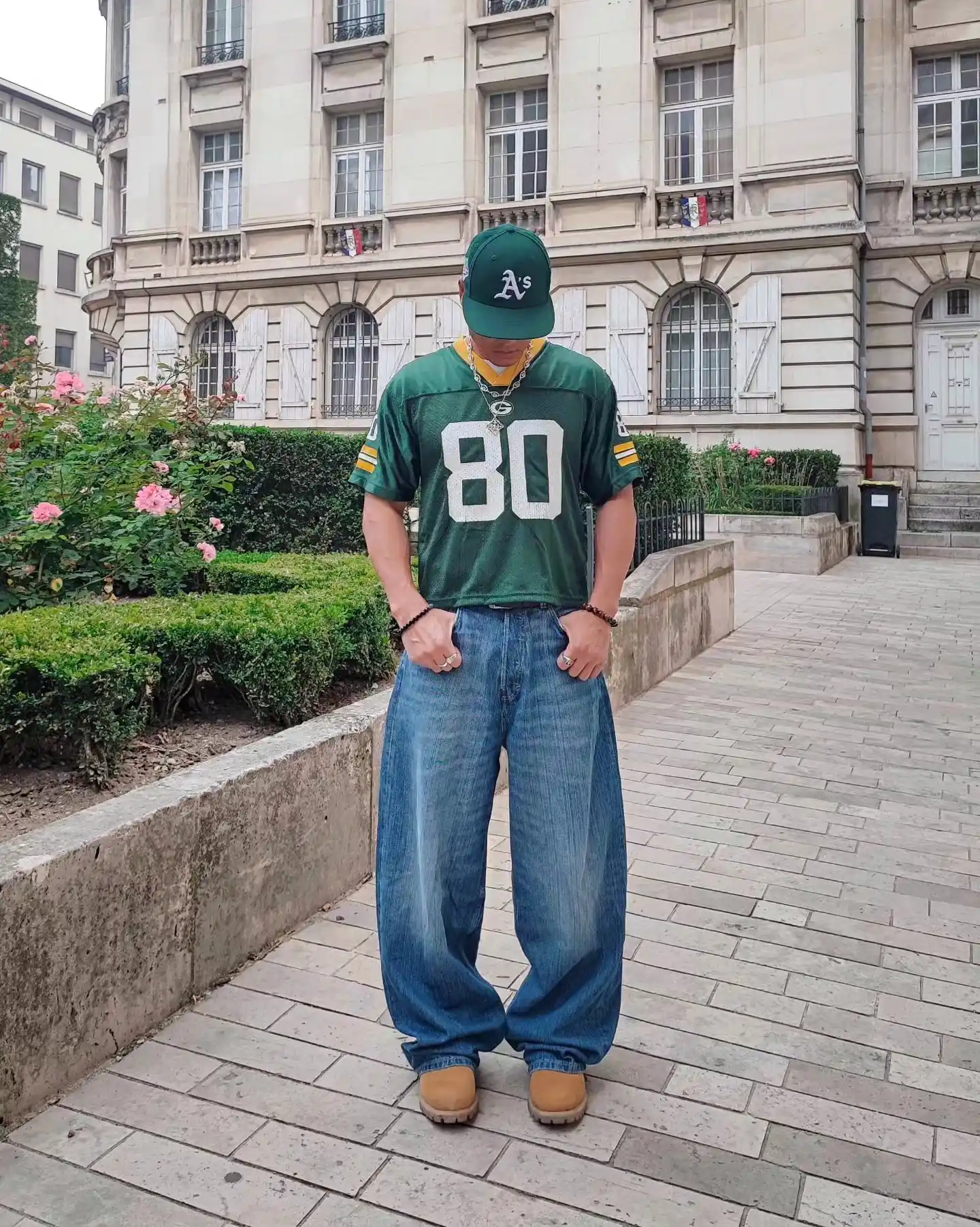 8. Green Sports Jersey With Extreme Baggy Jeans, Timberlands and a Matching Cap