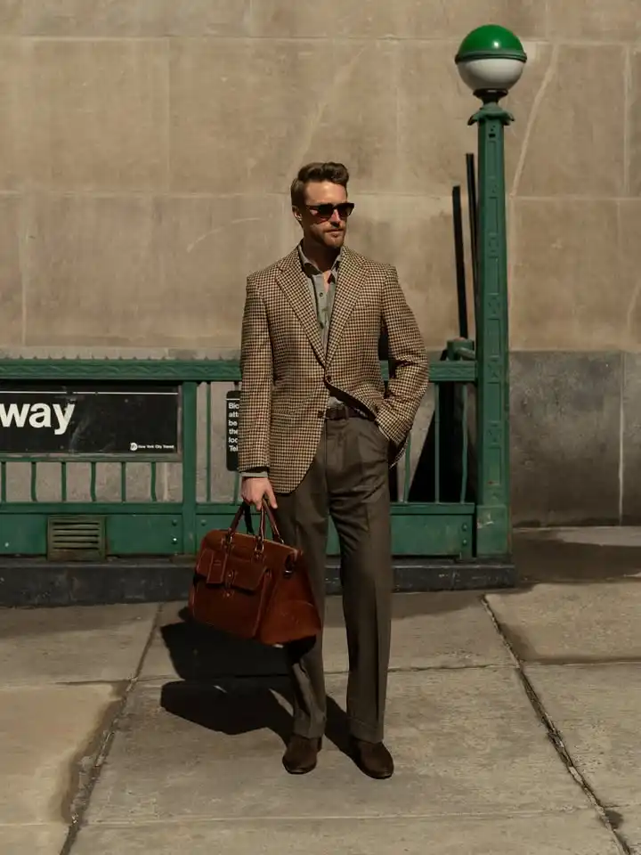 13 Classy Outfits Men Holiday Party Looks for Festive Season 7 6. Earth Tone Houndstooth Blazer and Tailored Trousers