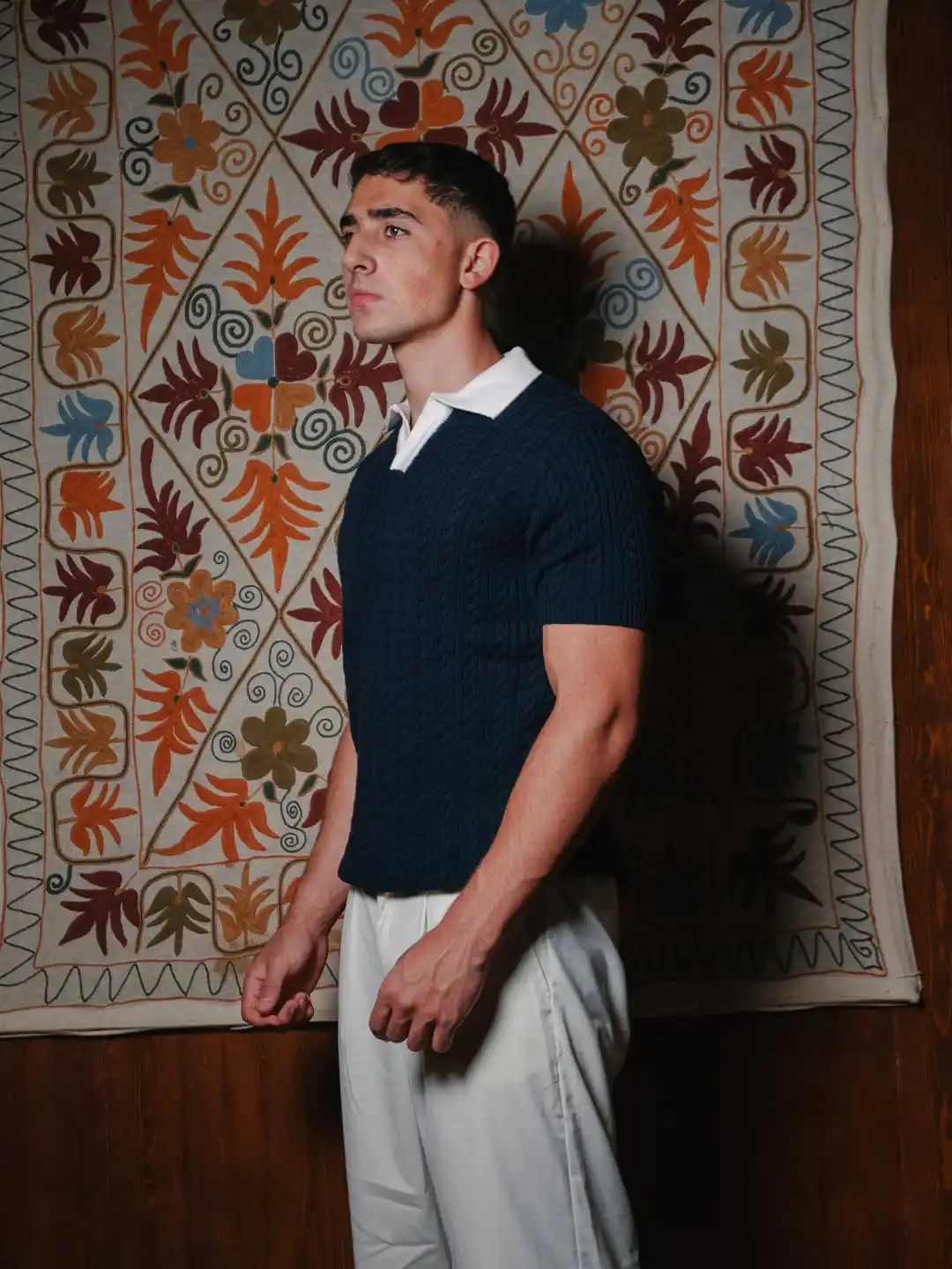 10. Cable Knit Polo and Tailored Trousers