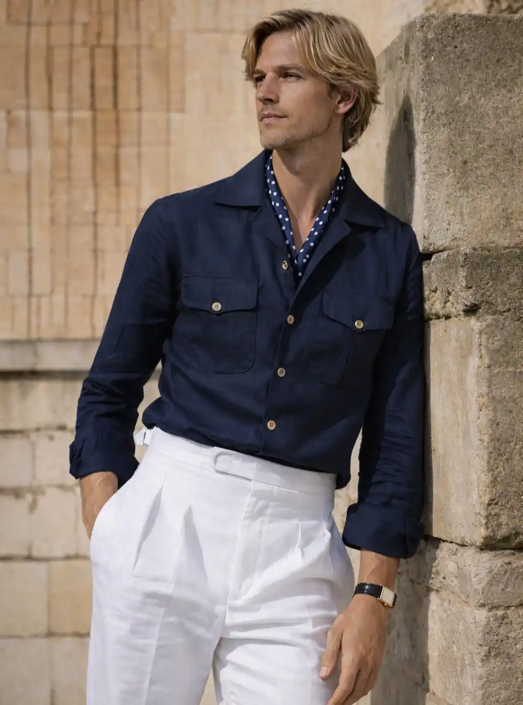13 Classy Summer Outfit Ideas for Men That Beat the Heat in Style 4 2. Linen Safari Shirt and White Trousers