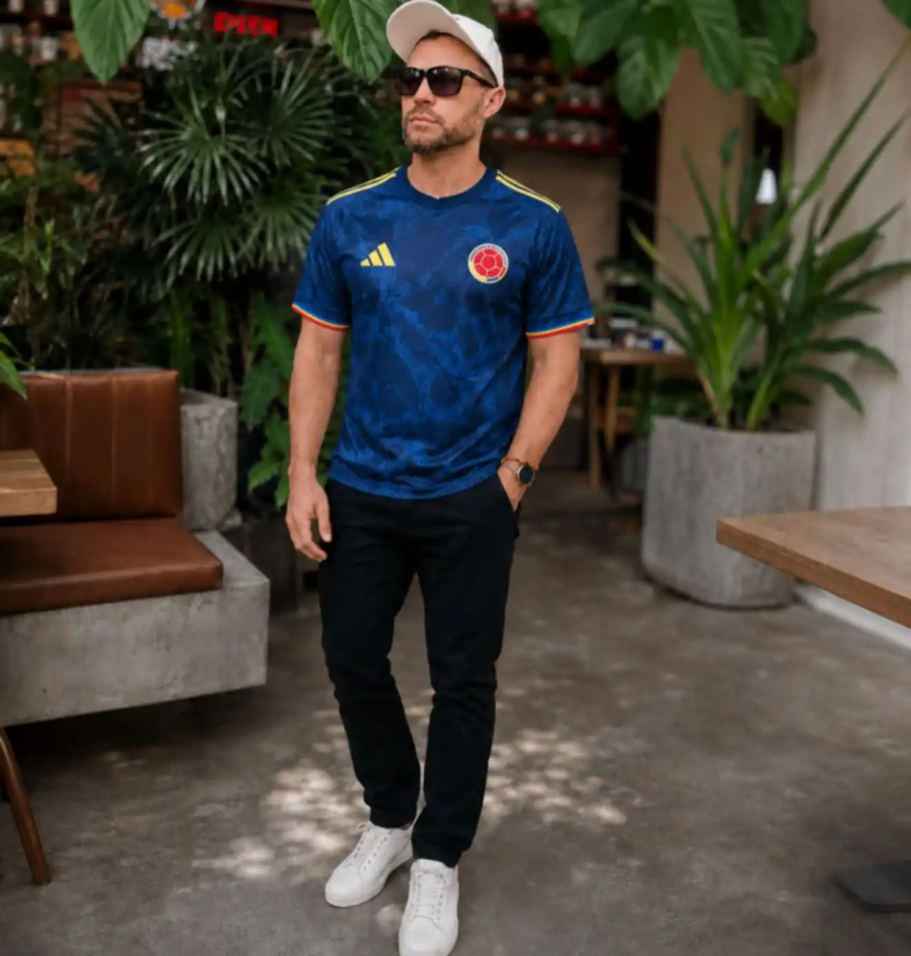 2. National Team Jersey With Black Chinos, White Sneakers and a Cap