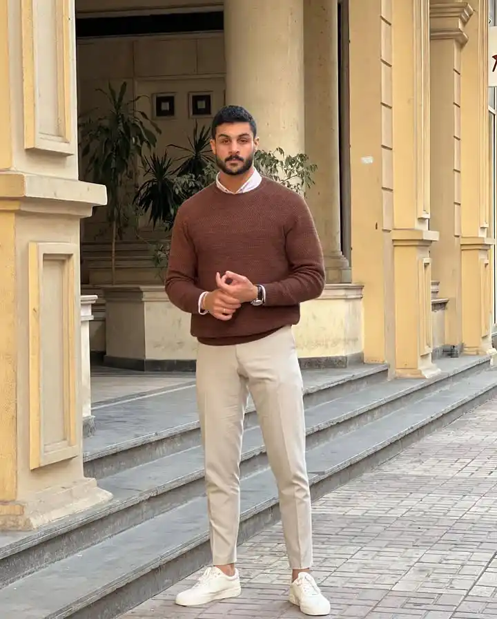 7. Crewneck Sweater with Tailored Beige Chinos