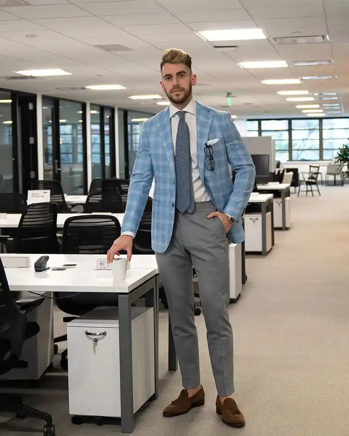 10. Plaid Blazer and Tailored Gray Trousers