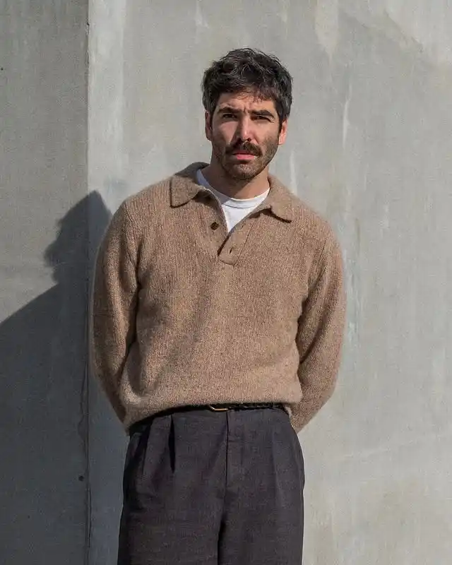 6. Cozy Knit Polo and Textured Charcoal Trousers