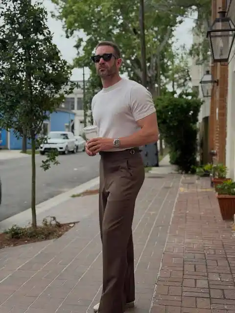 14. Off White Knit Tee and Brown Trousers