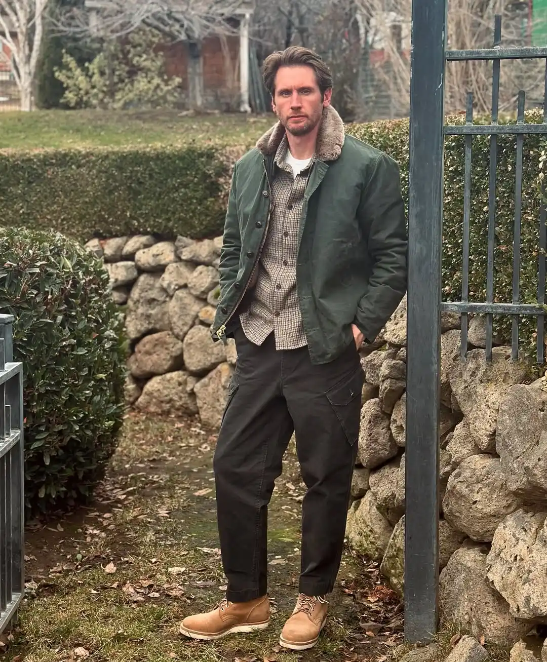 7. Olive Field Jacket and Plaid Shirt
