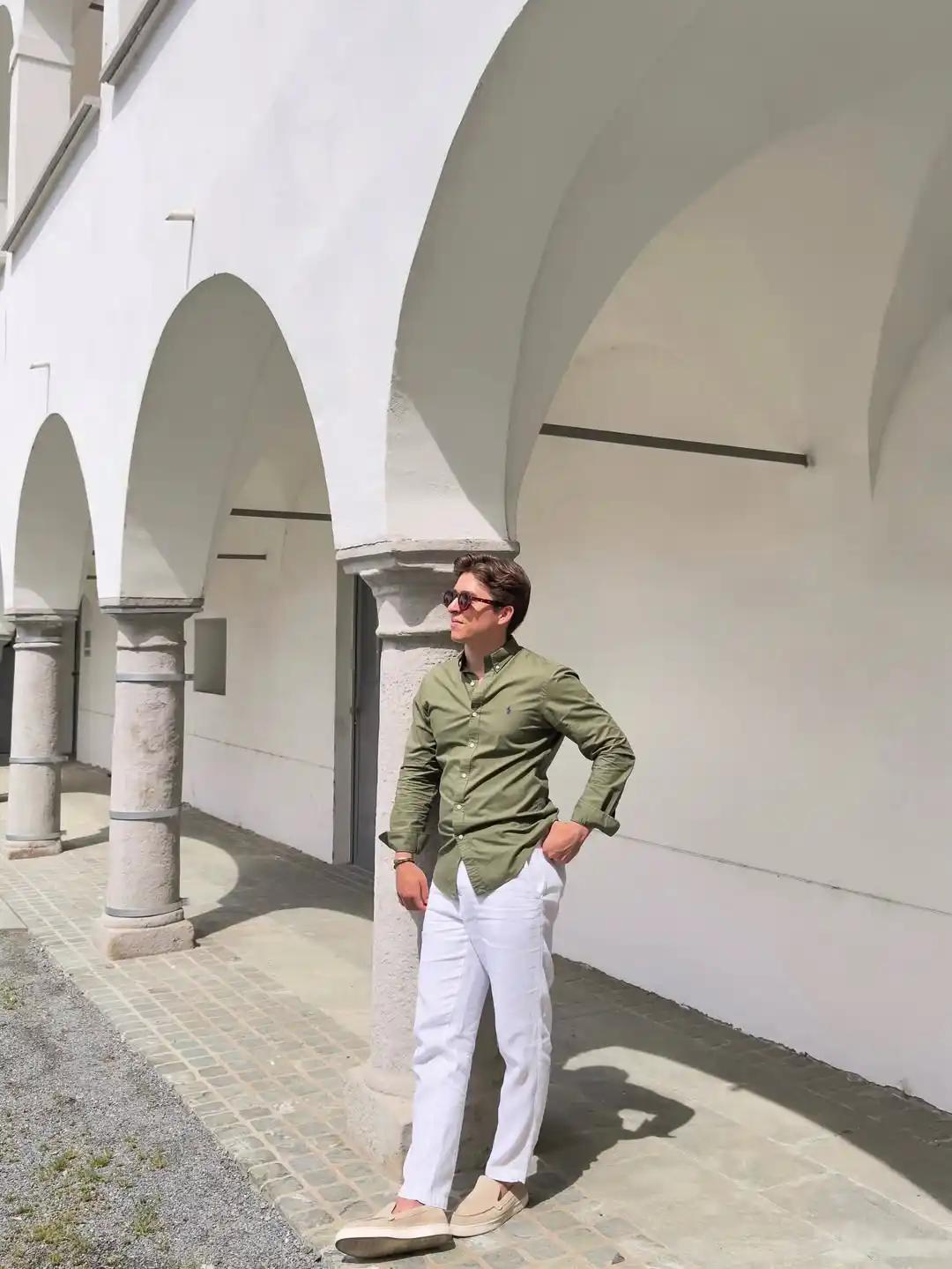 7. Olive Button Down and White Trousers