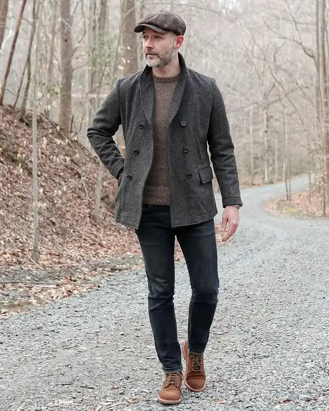 15 Classy Winter Outfit Combos for Men 9 7. Charcoal Peacoat and Flat Cap