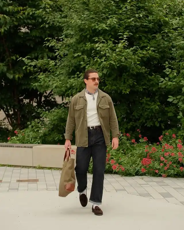 12. Olive Overshirt and Dark Raw Denim