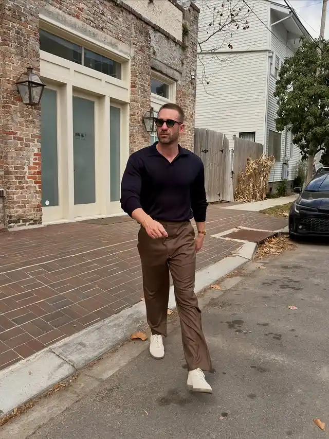 11. Dark Long Sleeve Polo and Brown Trousers
