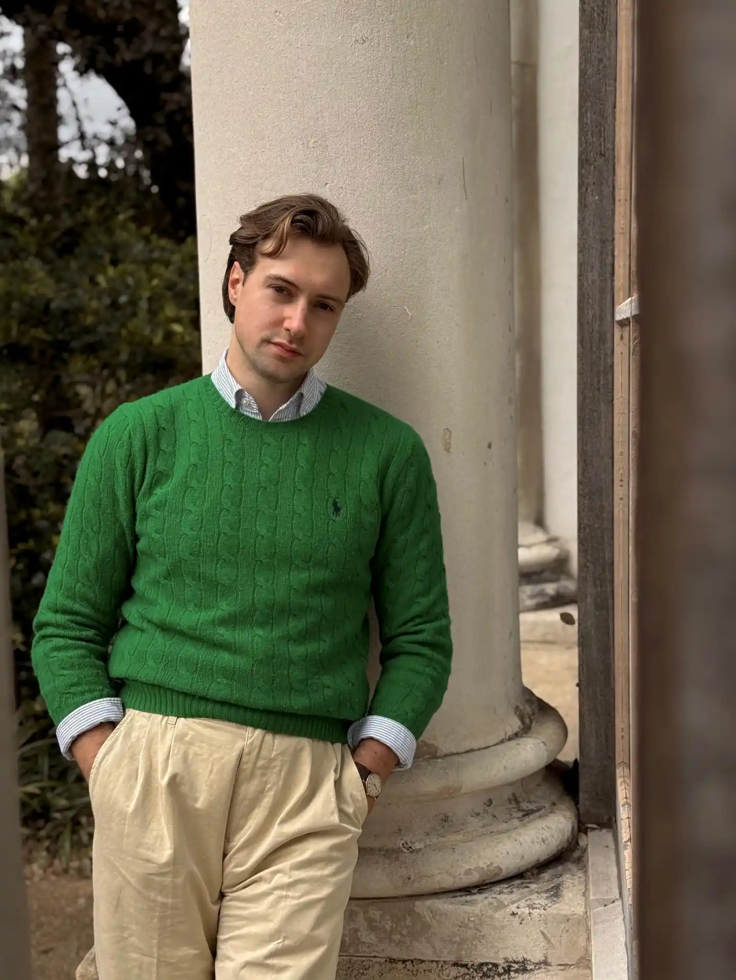 1. The Cable Knit Sweater and Chinos Combo