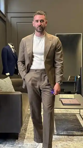 17. Taupe Suit and White Mock Neck