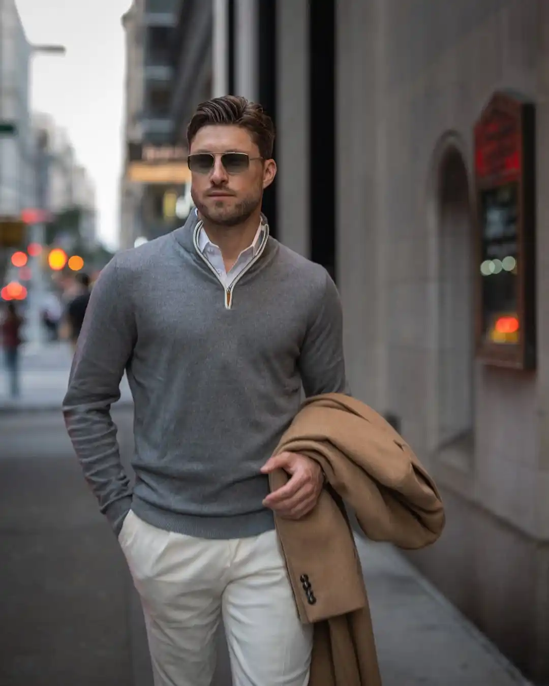 15 Classy Streetwear Outfit Ideas for Men That Elevate the Game 7 5. Quarter Zip Sweater and White Chinos