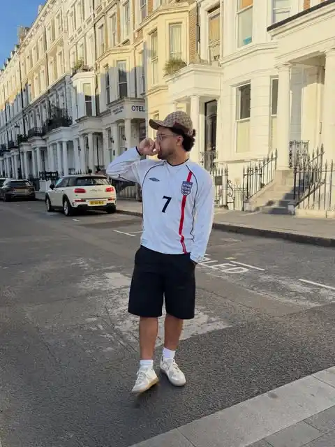 7. Long Sleeve White Jersey with Dark tailored Shorts