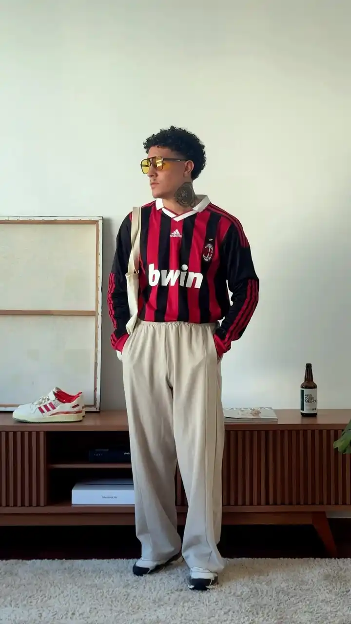 5. Vintage AC Milan Long Sleeve Jersey With Wide Leg Beige Trousers