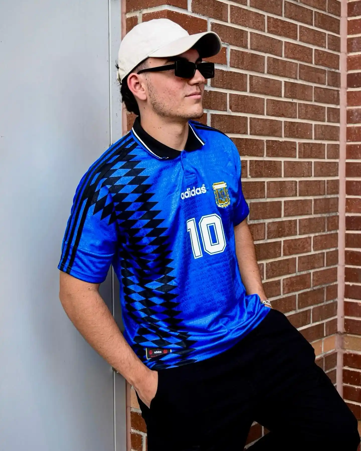 4. Retro Argentina Away Jersey With Black Pants and a White Cap