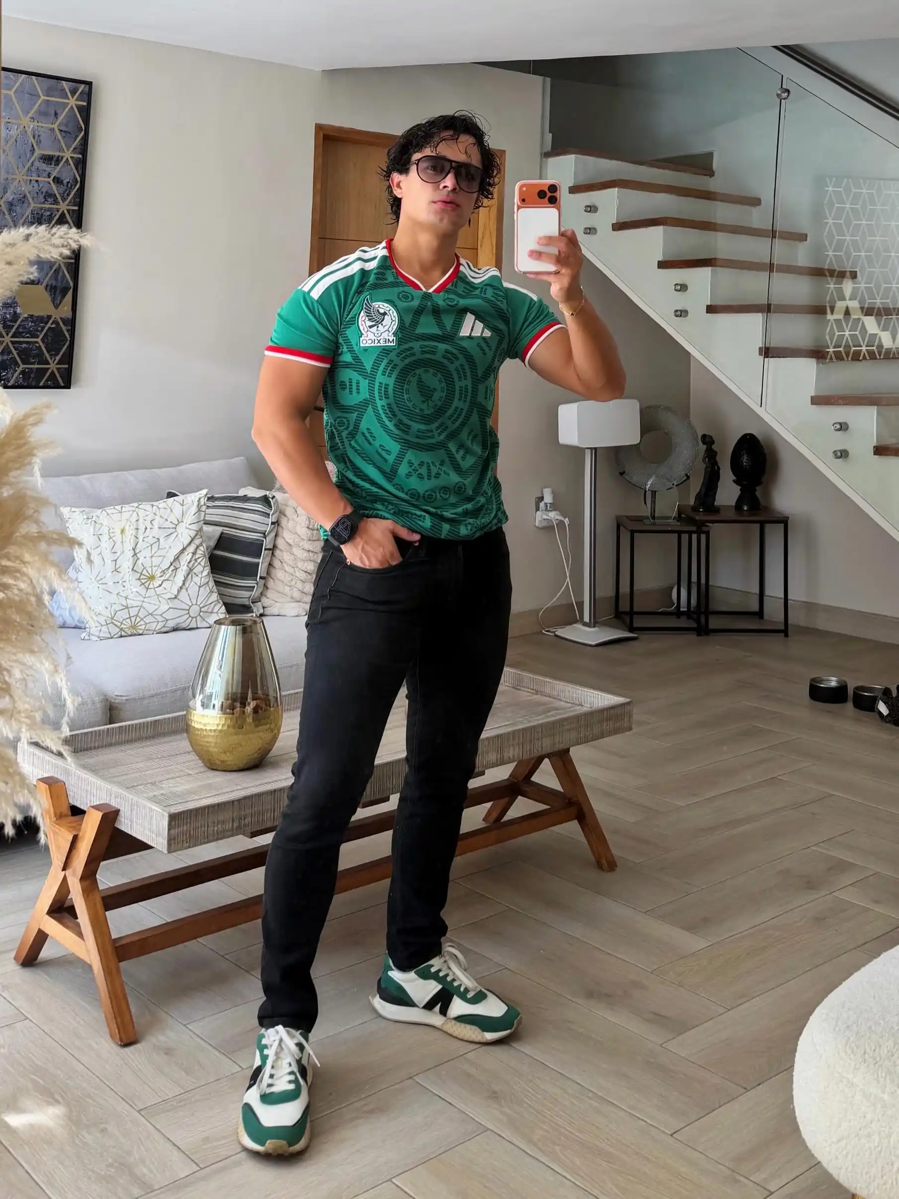 3. Mexico Jersey Tucked Into Black Jeans With Matching Green Sneakers