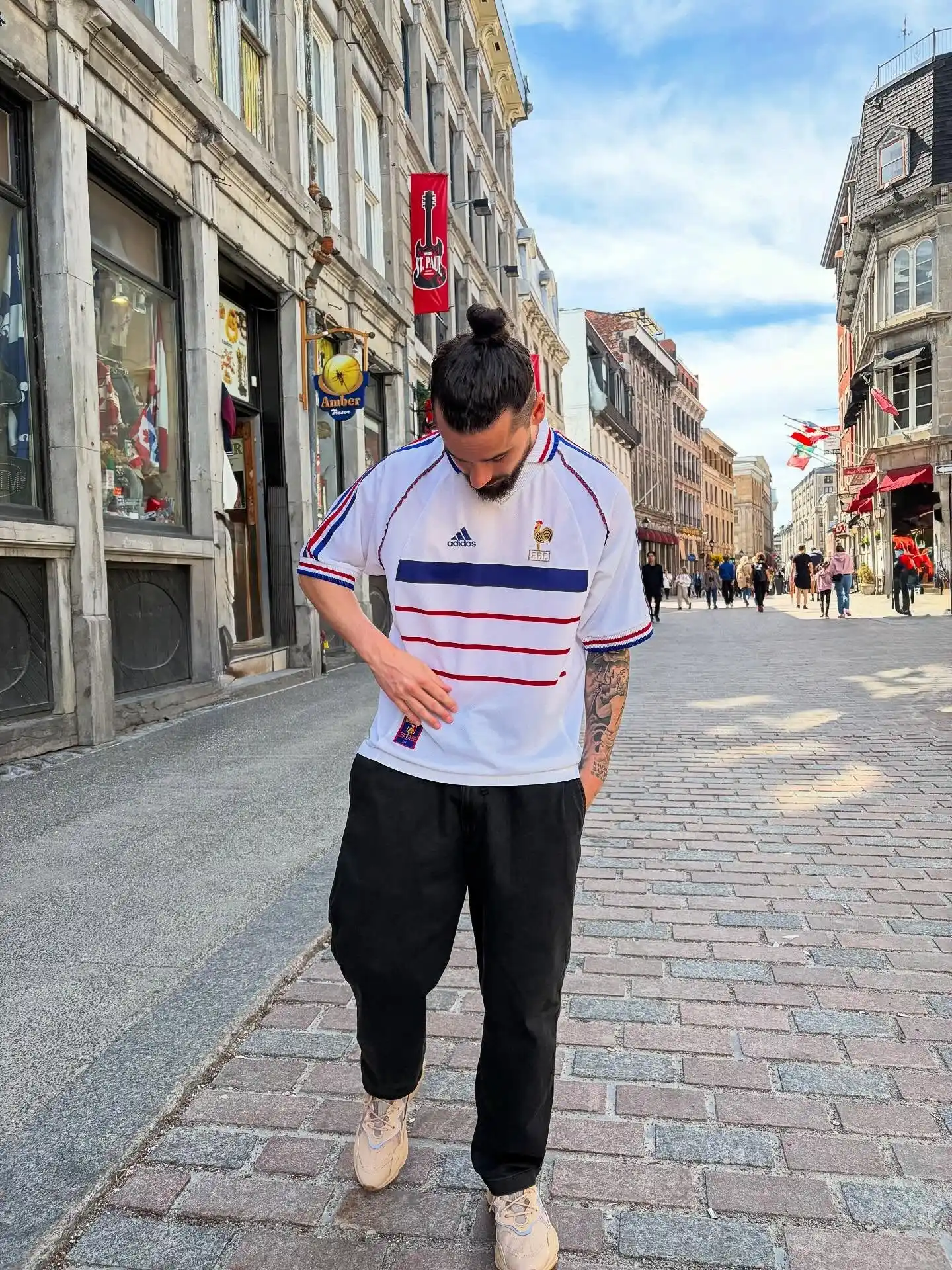 12. Vintage France Away Jersey With Relaxed Black Trousers and Chunky Sneakers