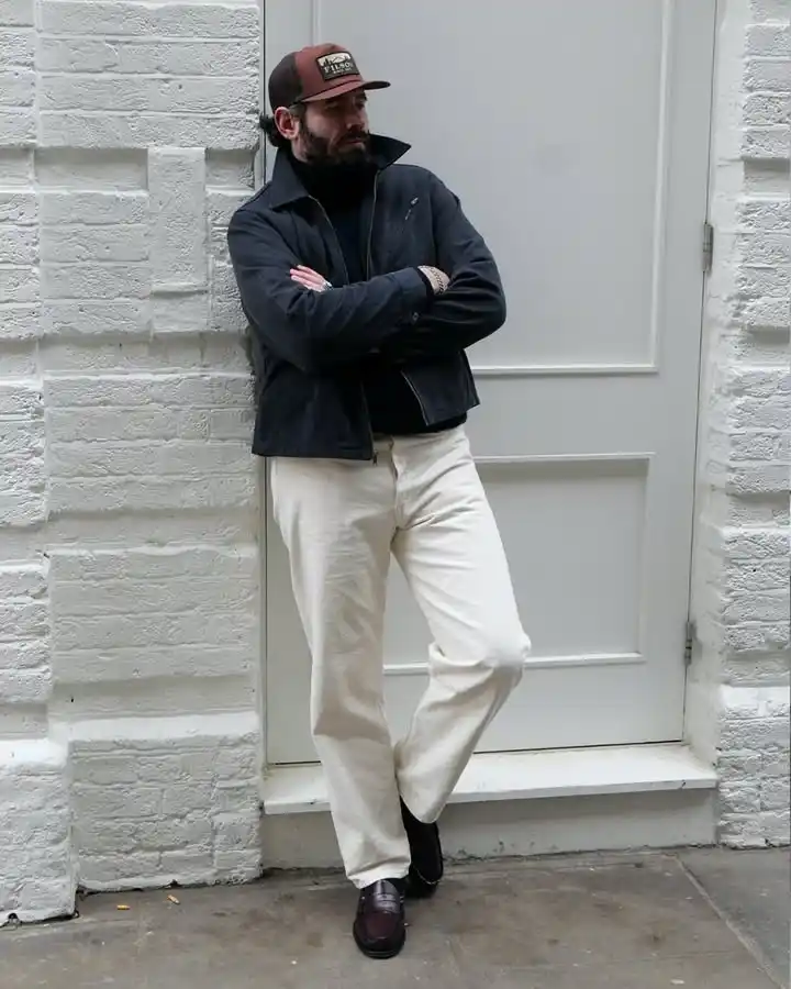 15 Classy Streetwear Outfit Ideas for Men That Elevate the Game 16 14. Harrington Jacket and Cream Denim