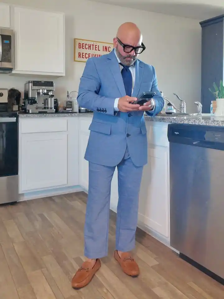 12. The Slate Blue Suit and Tan Loafers