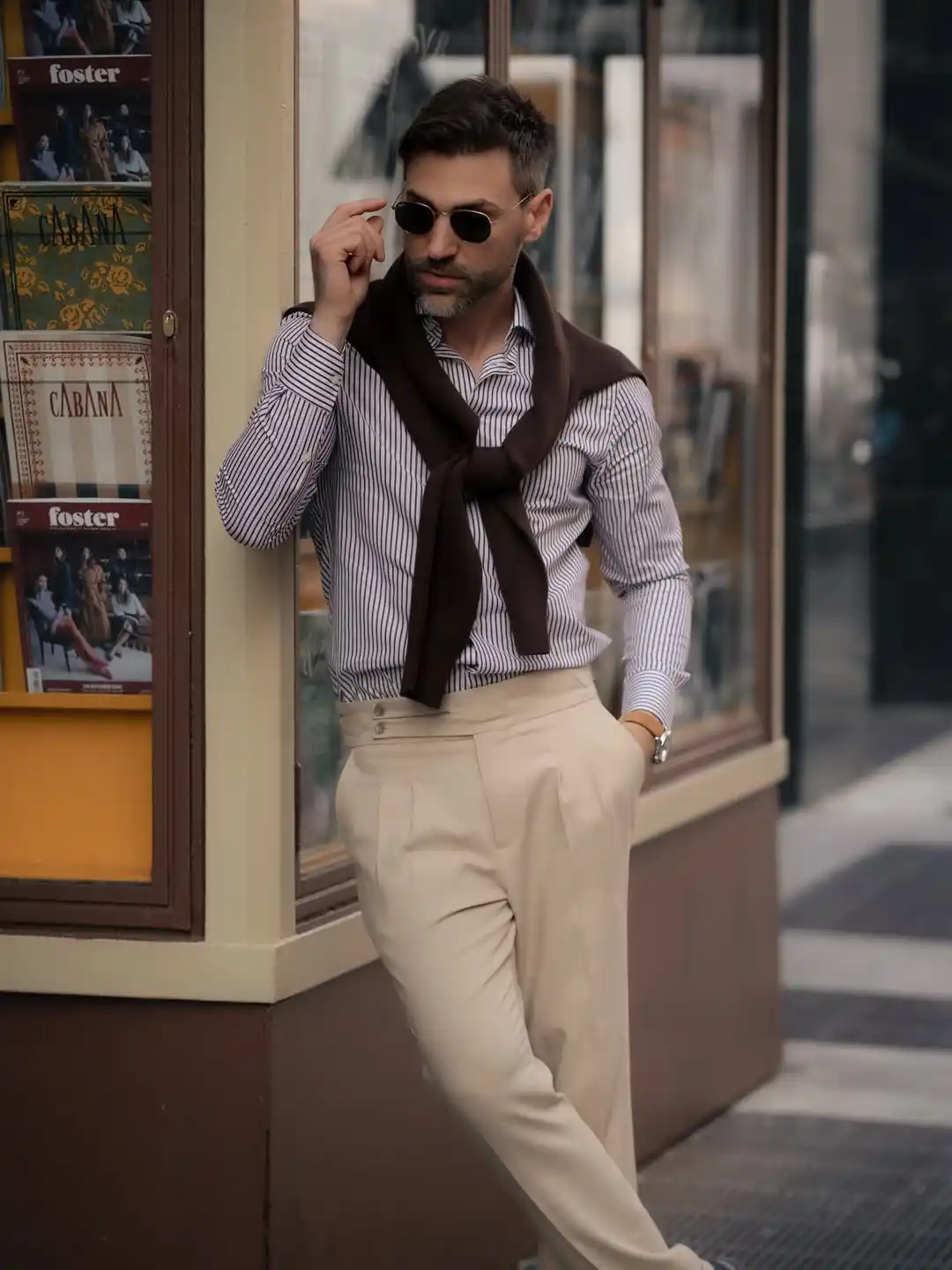 15. The Striped Oxford and Knotted Shoulder Sweater