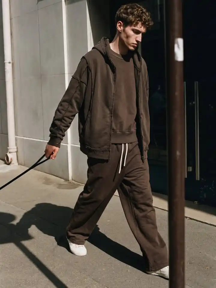 15 Classy Streetwear Outfit Ideas for Men That Elevate the Game 13 11. Earthy Tracksuit with Raw Edges