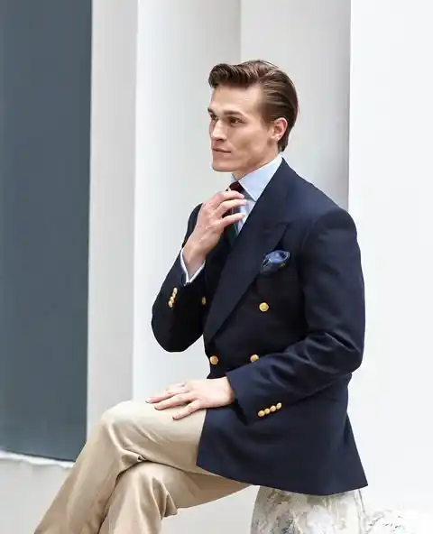 13 Classy Outfits Men Holiday Party Looks for Festive Season 5 4. Navy Double Breasted Blazer with Gold Buttons