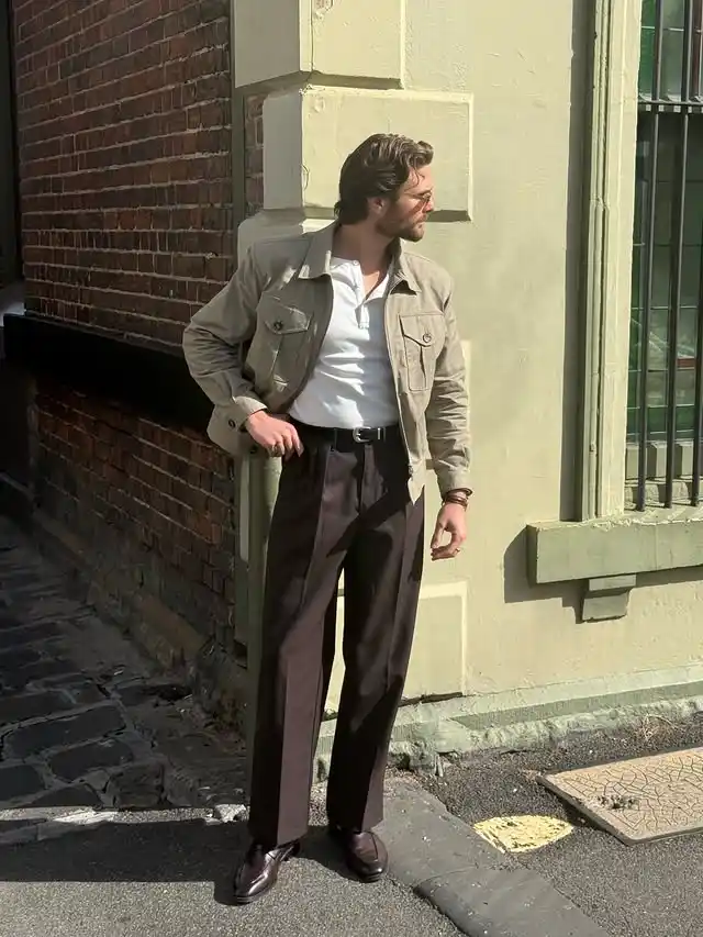15. Beige Utility Jacket and Pleated Trousers