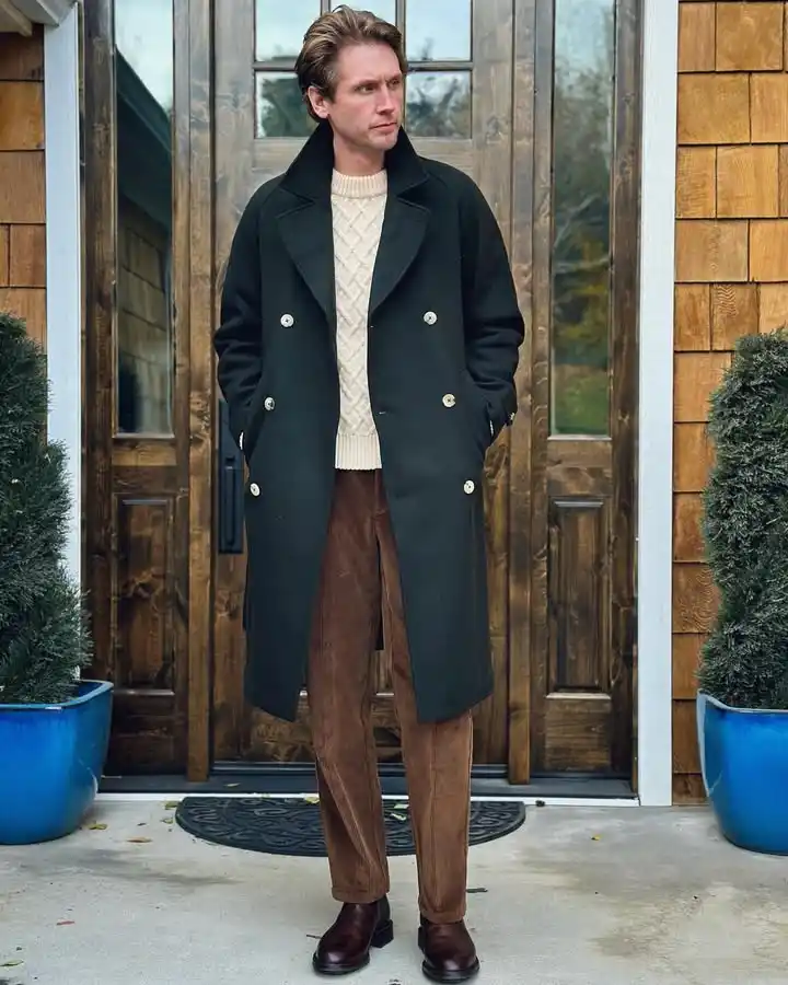 15 Classy Winter Outfit Combos for Men 4 2. Double-Breasted Overcoat and Cable-Knit Sweater