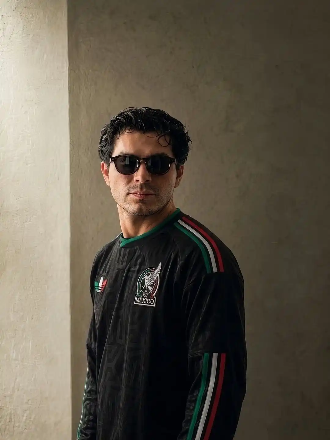9. Black Mexico Adidas Long Sleeve Jersey With Round Frame Sunglasses