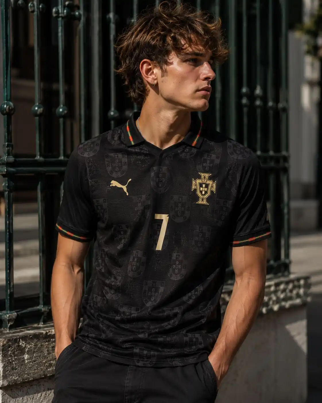 14. Black Portugal Puma Number 7 Monogram Jersey With Black Shorts