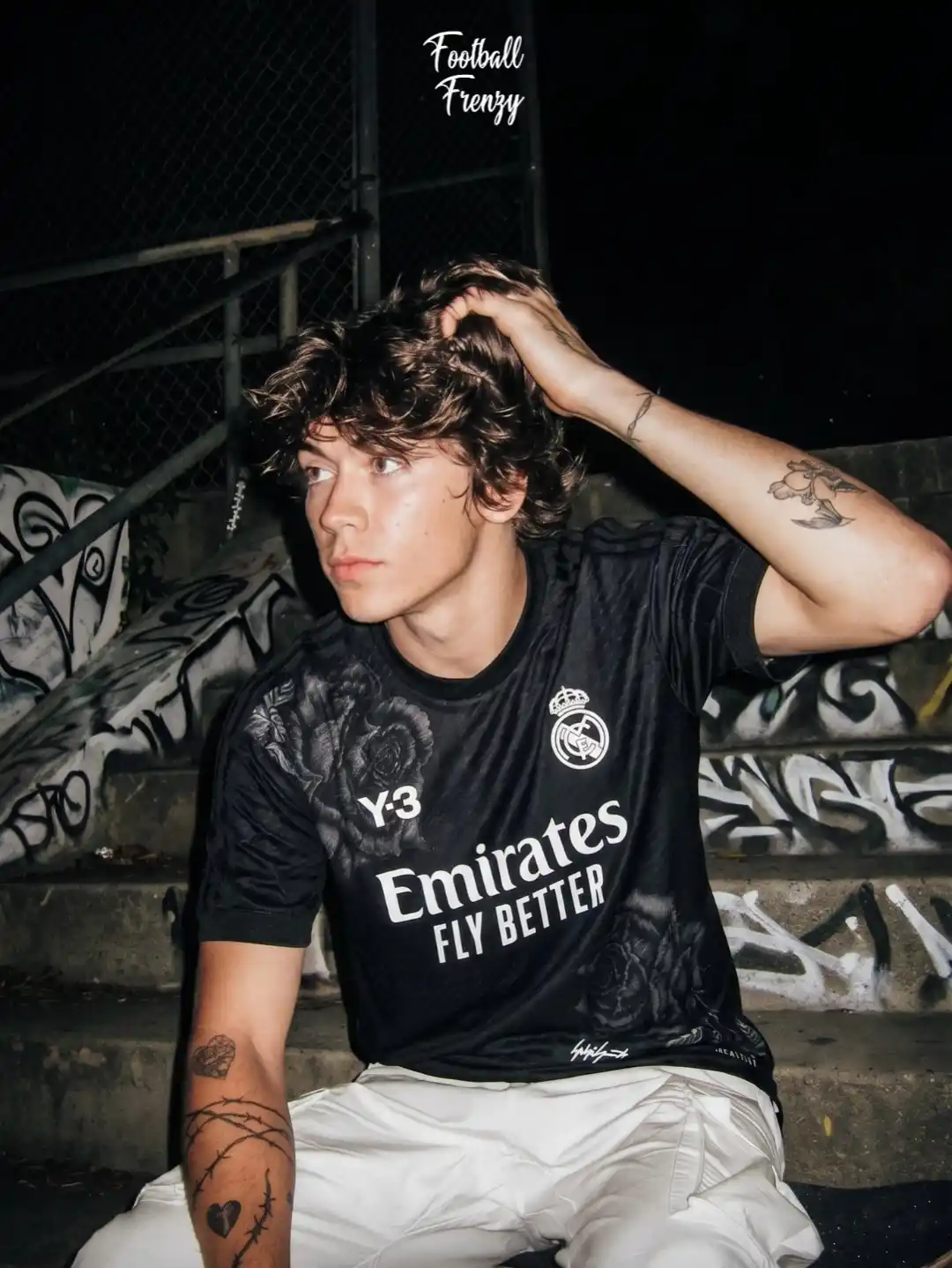 16. Black Real Madrid Y-3 Floral Jersey With White Pants At Night