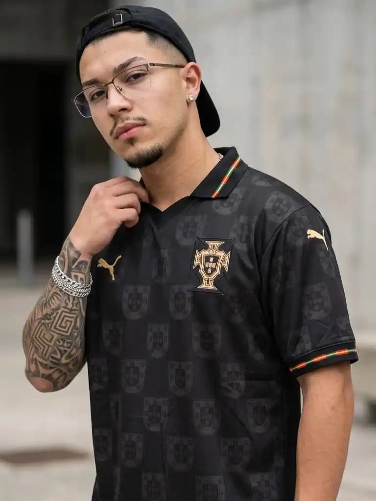 15. Black Portugal Puma Monogram Jersey With Snapback Cap And Clear Glasses