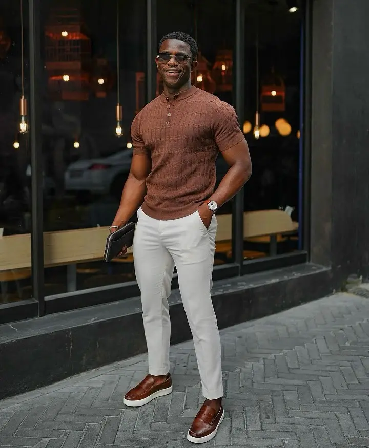 Warm Knit Polo and Cream Trousers for a Tall Guy Who Wants Polish Without a Blazer