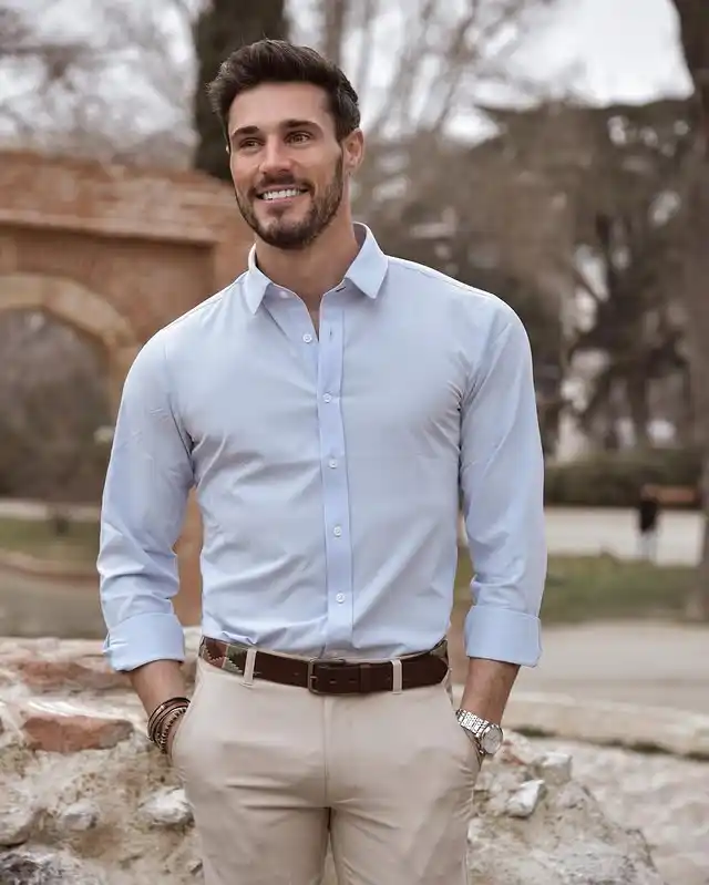 15 Minimalist Weekend Outfits for Men (Casual & Cozy) 16 15. Light Blue Shirt and Khaki Chinos