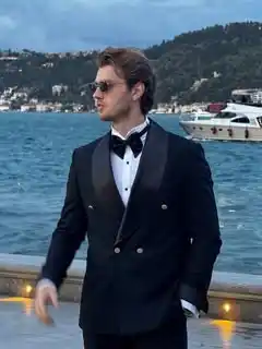 11. Navy Double-Breasted Tuxedo with Satin Lapels