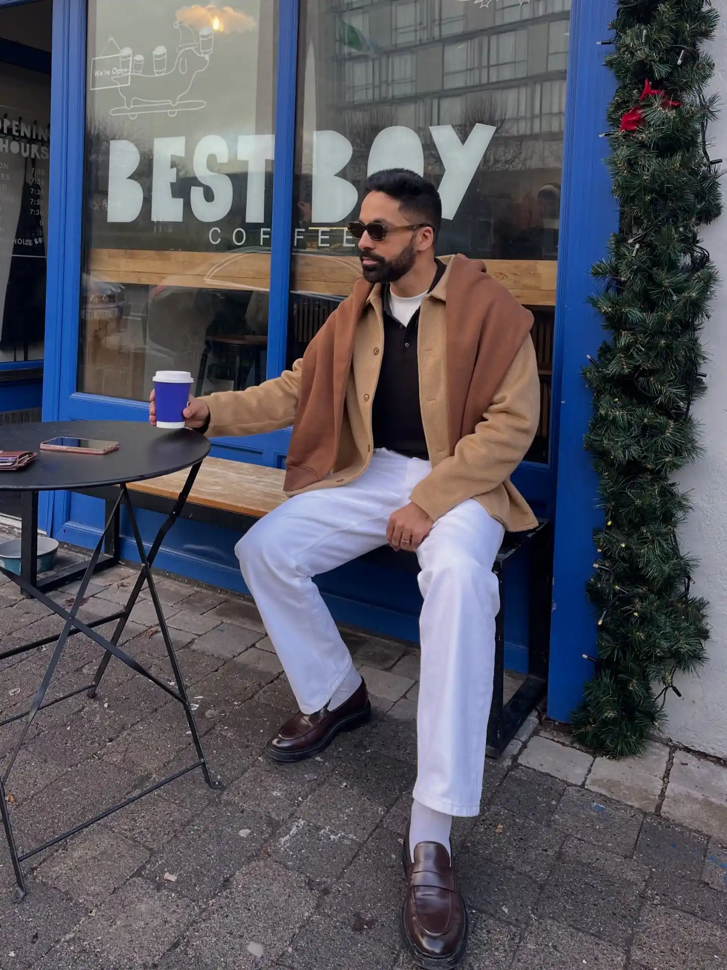 10 Men’s Country & Cabin Trip Outfit Ideas (Casual & Cozy) 11 10. Wool Jacket with Tied Sweater and White Trousers