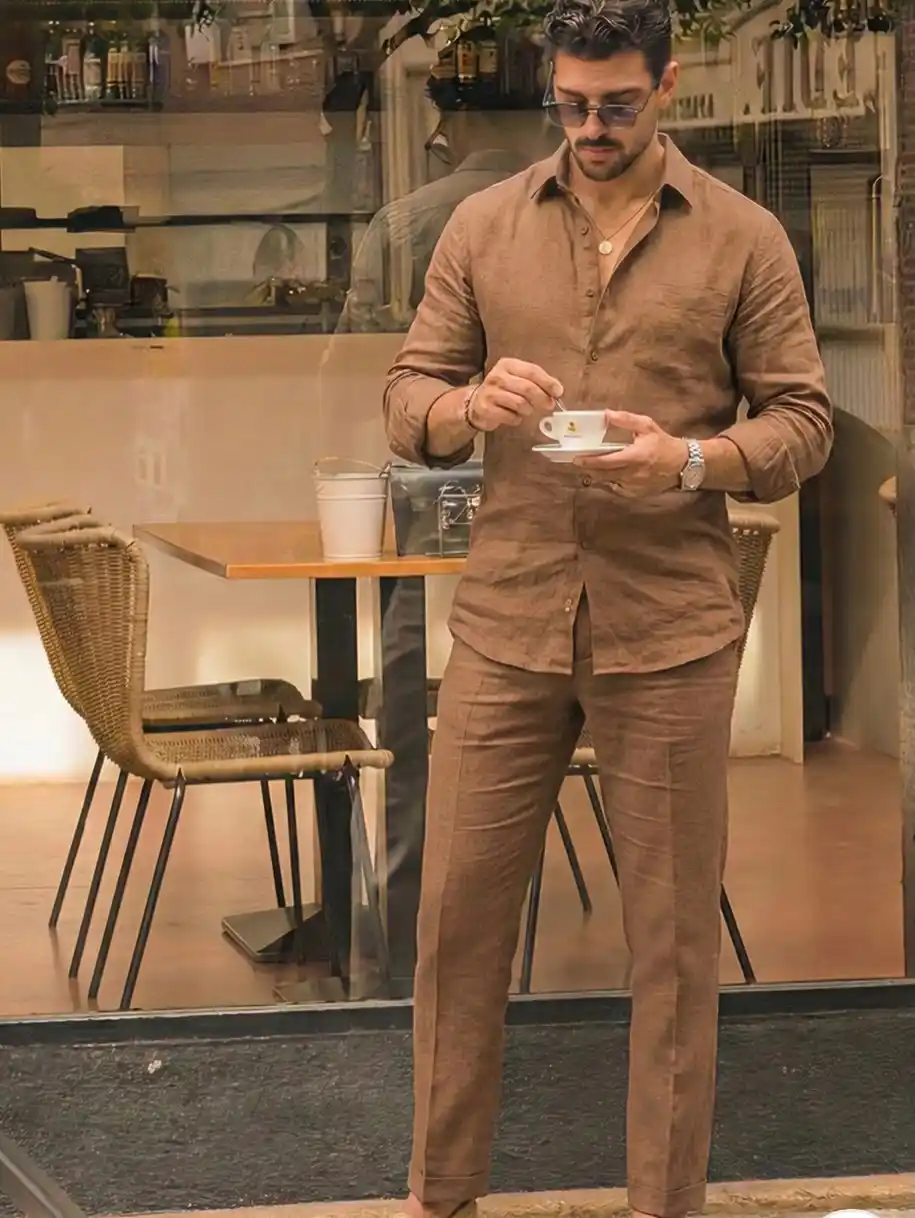 10 Men’s Country & Cabin Trip Outfit Ideas (Casual & Cozy) 4 3. Earthy Linen Co-ord Set