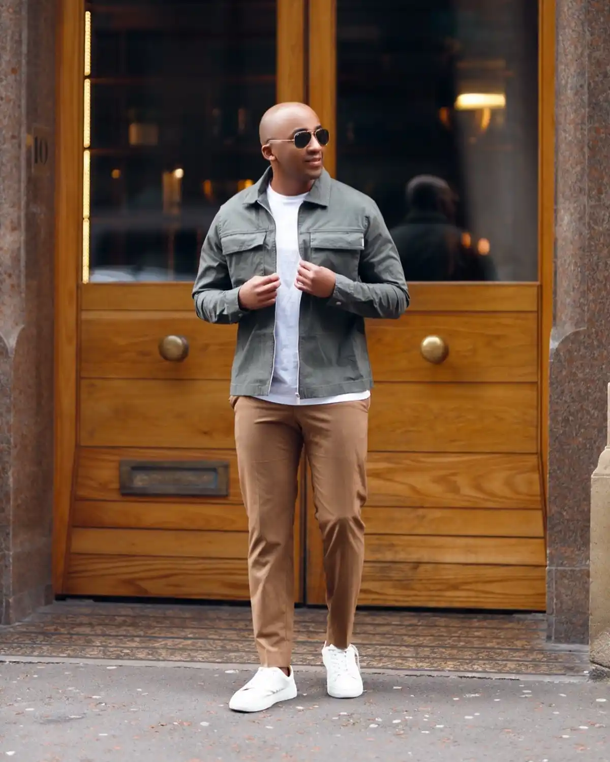 10 Men’s Country & Cabin Trip Outfit Ideas (Casual & Cozy) 8 7. Olive Utility Jacket and Tan Trousers