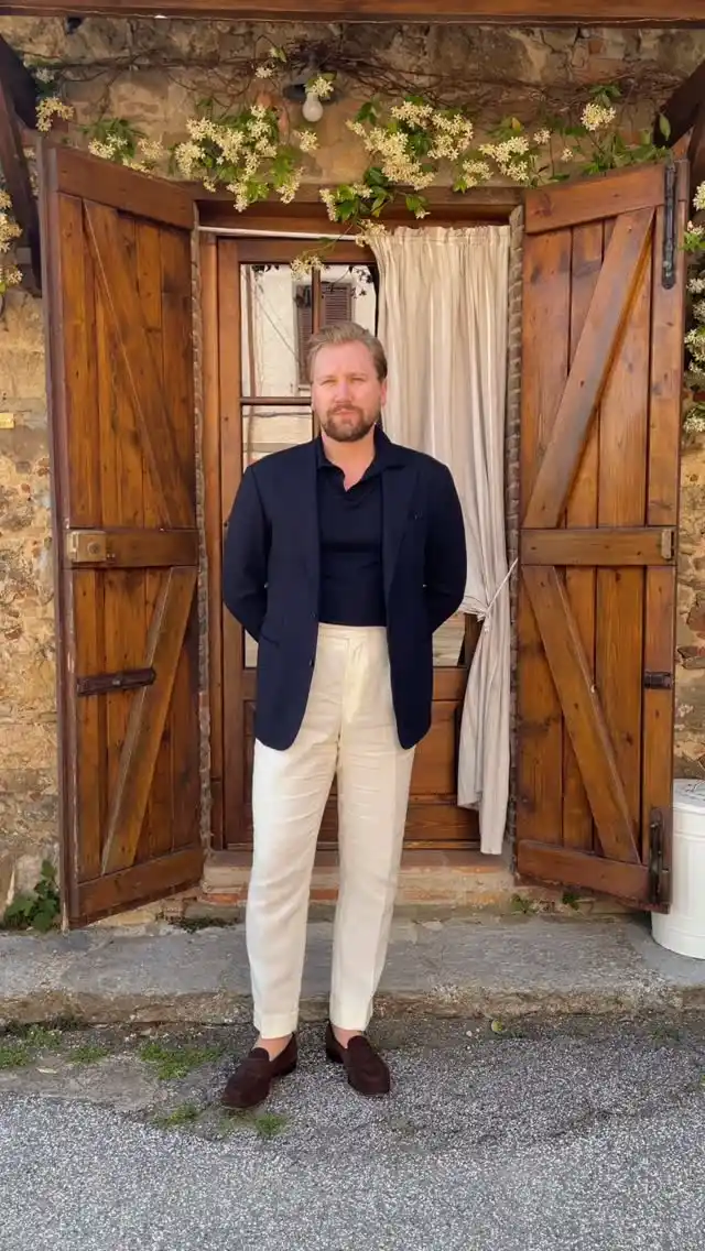 4. The Navy Blazer and Off White Trousers