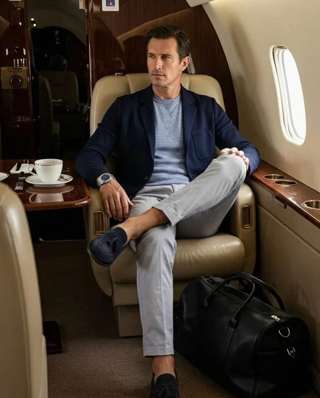 16 Stylish Airport Outfits for Men on Business Trips 8 The Knit Sweater Swap That Still Reads Business When You're Seated for Hours