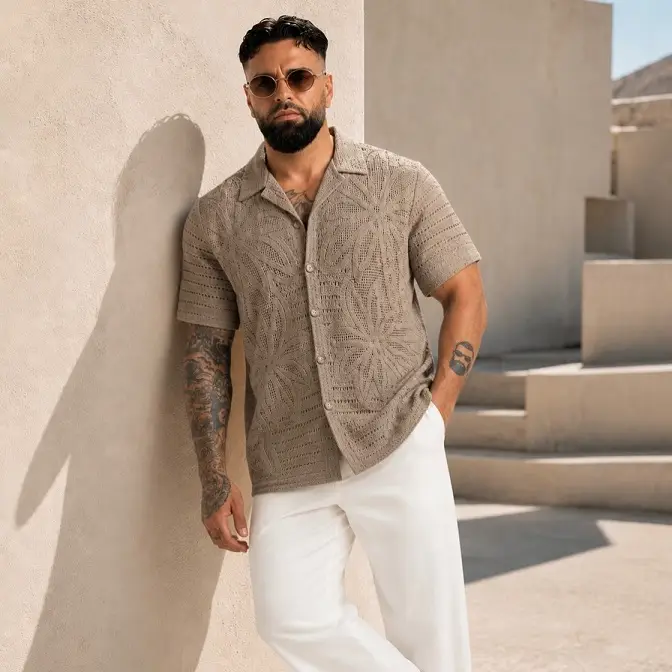 21 Classy Outfits for Men That Look Far More Expensive 11 Crochet Knit Shirt And White Trousers